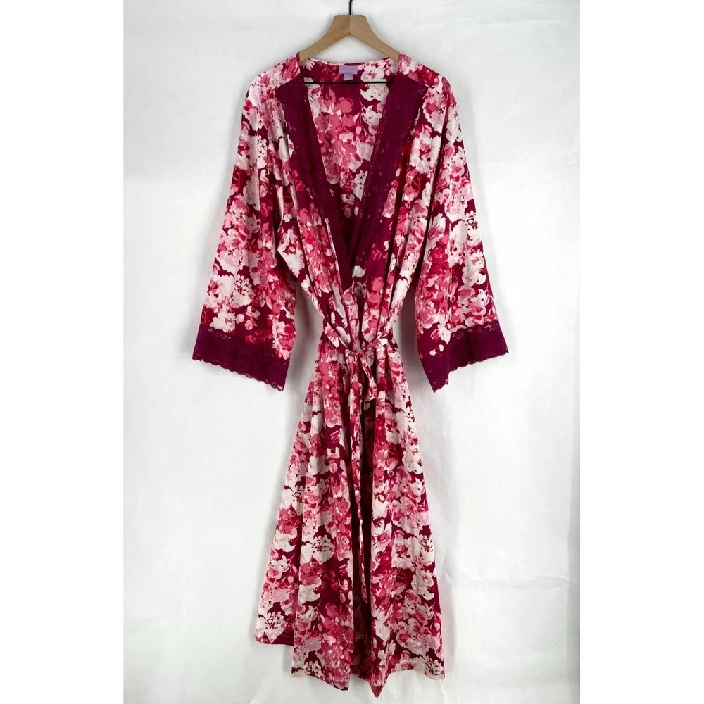 Amoureuse Sleepwear Robe Womens 2X 26/28 Multicolr Floral Lace‎ Silky Tie Waist